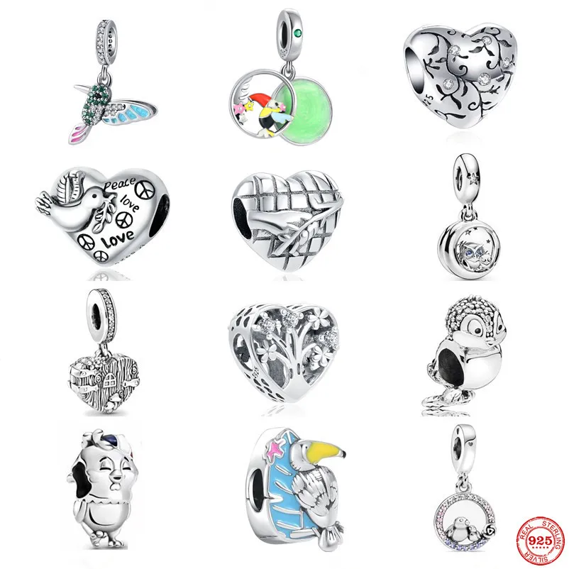 925 Sterling Silver Dangle Charm Love Heart Charms Little Bird seria wisiorek koraliki koralik Fit Pandora Charms bransoletka DIY biżuteria akcesoria