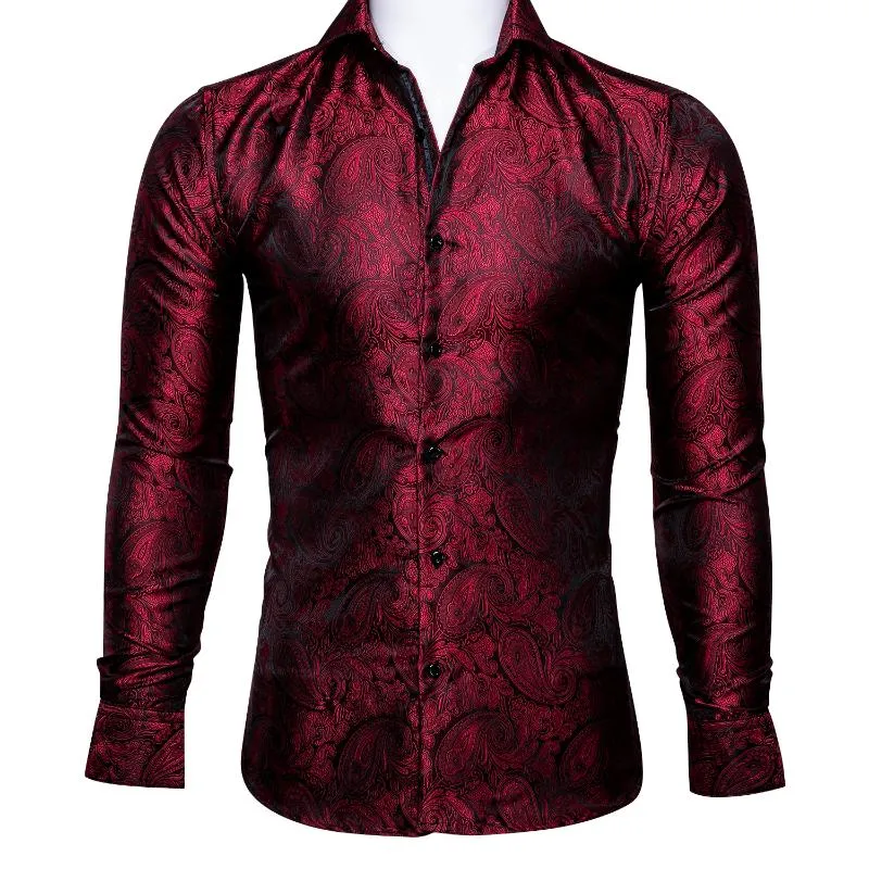 Chemises habillées pour hommes Barry.Wang luxe rouge Paisley soie hommes à manches longues décontracté fleur pour Designer Fit chemise BCY-0026Men's