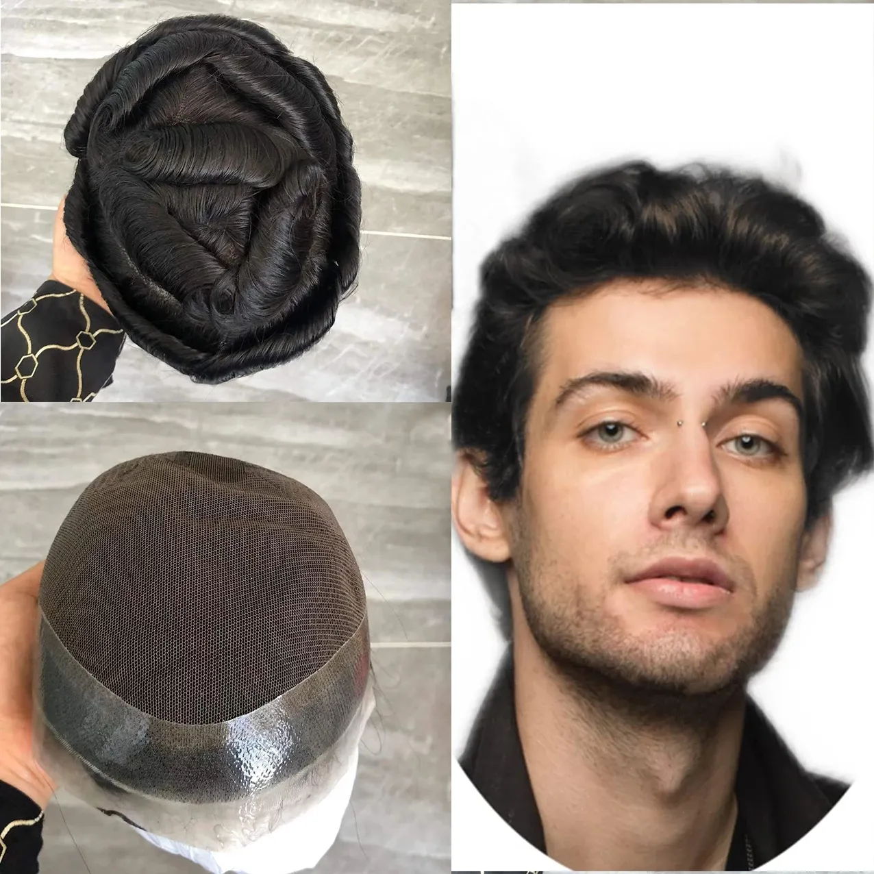 Cabelo humano Lace francês com penteado de pune da PU Base Base Base Sistema de substituição de homem respirável Man Promesse capilares capilares preto de verão #1b 8x10 polegadas