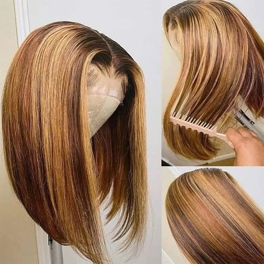 Destaque curto bob cabelo humano brasileiro em linha reta peruca frontal para mulheres ombre marrom perucas de fechamento sintético