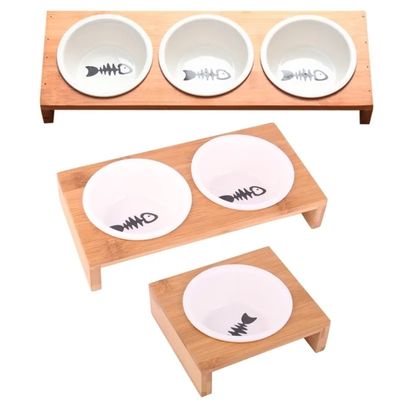 Elevated Pet Bowls, Raised Dog Cat Feeder Solid Bamboo Stand Ceramic Food Feeding Bowl Cats Puppy 220323