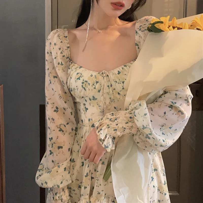 Лето сладкое цветочное дрес Элегантное мини -платье повязка пляжное платье корейское винтажное офис Леди Лонг -Рукав 220516