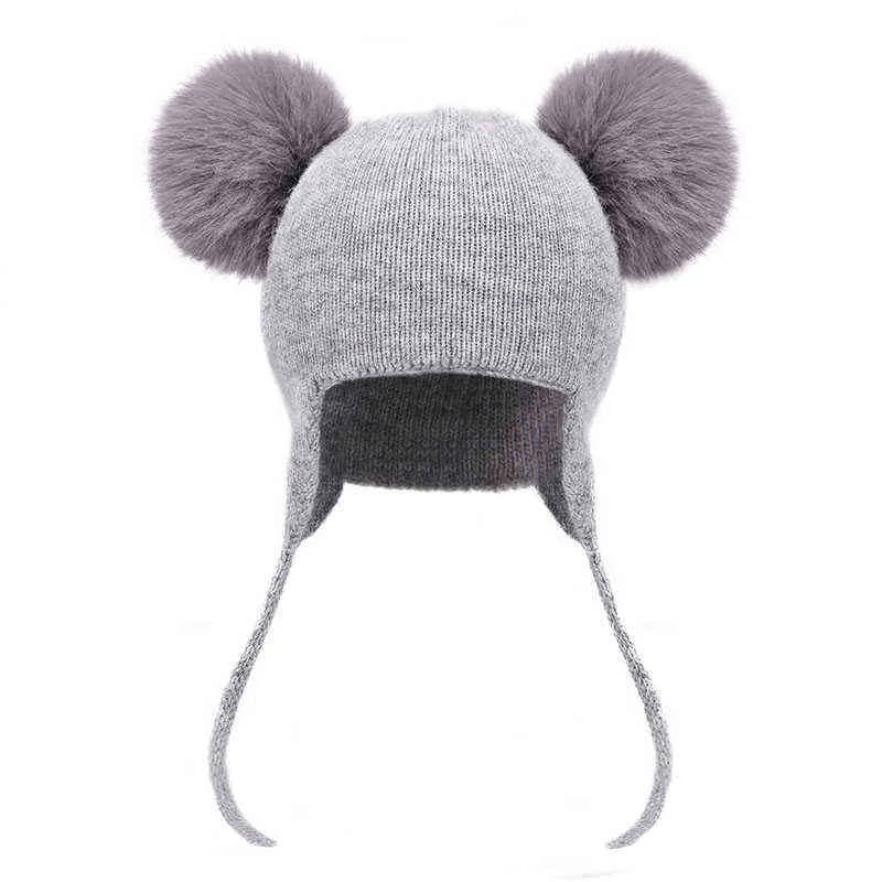 Herbst Winter Baby Beanie Hut Flauschige Niedliche Faux Pelz Pom Kaschmir Wolle Kappe Kinder Im Freien Warme Dicke Doppel Schicht Ohr ventil Beanie J220722