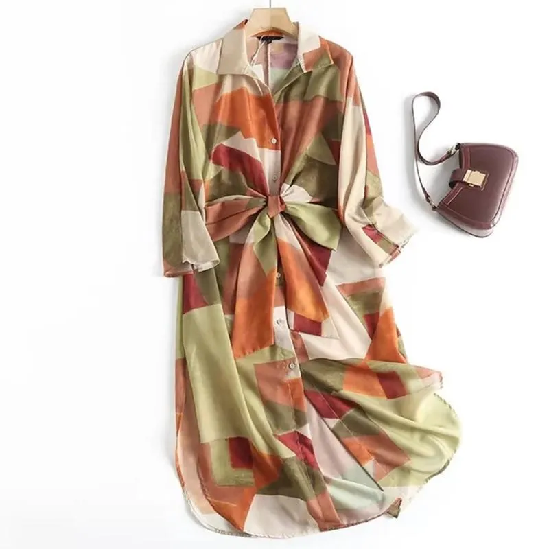 Casual Dresses Elmsk 2022 Inide Folktryck Sashes Loose Midi Bohemian Style Colorful Dress Womencasual