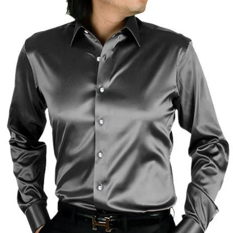 남자 캐주얼 셔츠 남자 실크 셔츠 남자 턱시도 긴 소매 단색 웨딩 사업 슬림 한 반짝이는 빨간 보라색 블랙 스프링 가을