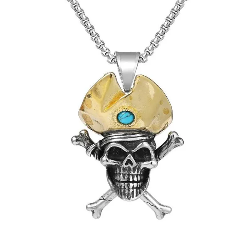 Pendentif Colliers En Acier Inoxydable Hip Hop Jaune Chapeau Turquoises Crâne Collier Bijoux Halloween Jour Cadeau Pour Lui Avec ChainPendant