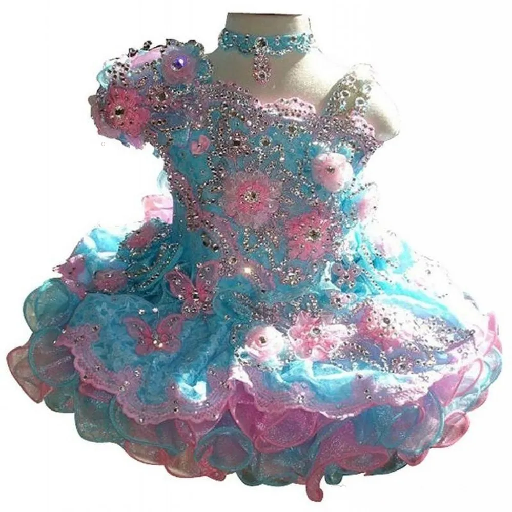 One pcs Baby Girls Glitz Beaded Pageant Cupcake Gowns Withe Flowers Infant Mini Short Skirts Toddler Girls Soft Lace Pageant Dress