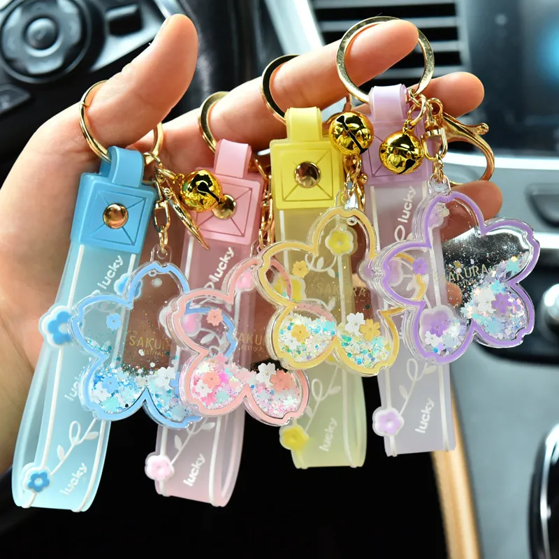 Kreative Öl Sakura Blume Schlüsselanhänger Frauen Flüssigkeit Pailletten Schlüsselanhänger Charme Tasche Auto Anhänger Schlüsselanhänger für Kinder Geschenk