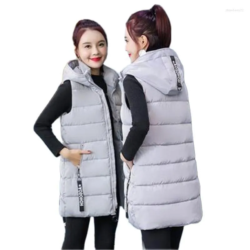 Kvinnors västar Autumn Winter Women Waistcoat 2022 Kvinnlig ärmlös Ytterkläder Jacka Huven VARM Långt kappa Colete Feminino Gilet Overcoat Str