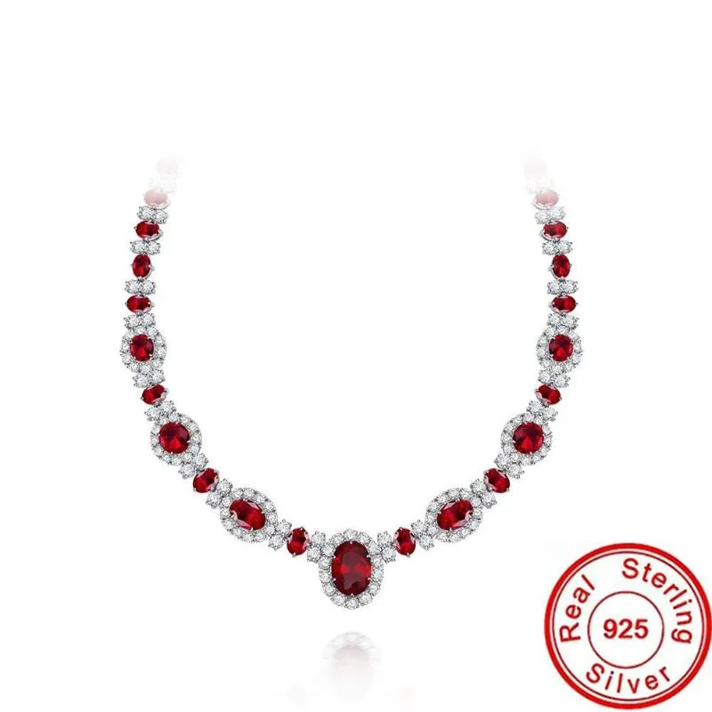 Zincirler Vintage Ruby Elmas Kolye% 100 Gerçek 925 STERLING Silver Party Düğün Kolye Kadınlar Gelin Nişan Mücevheratlar