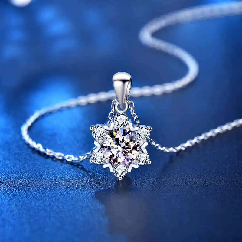 Sterling Zilveren Sneeuwvlok 1CT D Kleur VVS1 Echt Moissanite Lab Diamond 14K White Gold Hanger Ketting Dames Sieraden