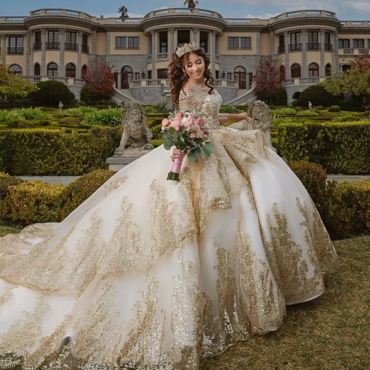 Платье Quinceanera с жемчугом шампанского и застежкой-молнией сзади, милое платье 16 лет, кружевное платье с длинными рукавами и аппликацией из бисера, вечерние платья для выпускного вечера277h