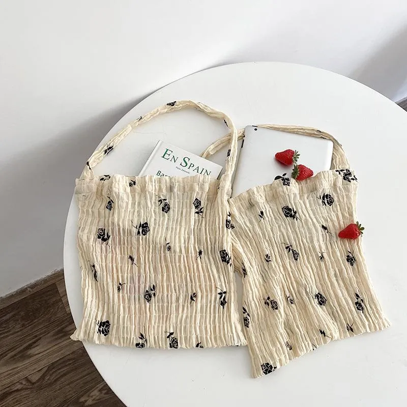 Evening Bags Hylhexyr Retro Little Rose Pattern Shoulder Bag Purse Women Wrinkle Casual Tote Light Chiffon Girls HandbagEvening