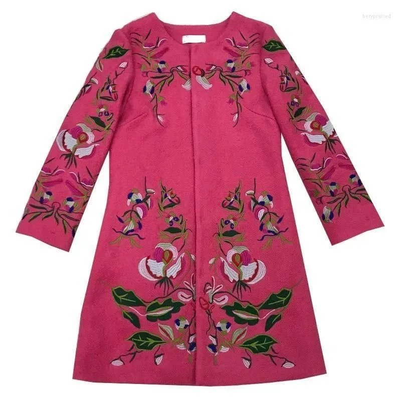 Women's Wool & Blends Winter Women Ethnic Flower Embroidery Long Trench Coat Ladies Slim Fit Woolen Outwear Jackets Abrigo Mujer Overcoat Be