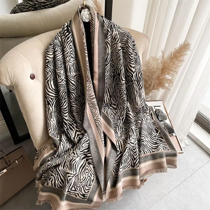 Berets Winter Cashmere Scarf Women Warm Zebra Print Thick Shawls Wraps Lady Fashion Tassels Blanket Foulard Poncho Stoles