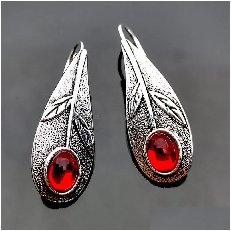 fashion jewelry womens vintage earrings s925 silver pleated red stone leave dangle earrings