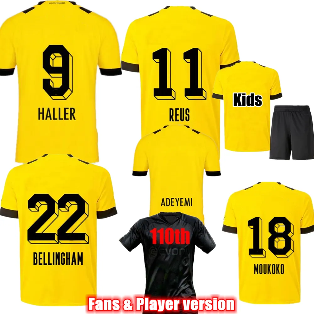 Haller Adeyemi Reus Dortmund Soccer Jerseys 22 23 Moukoko fanów Wersja Wersja piłkarska Bellingham Men Kids Reyna Brandt 110. rocznica czarna koszula