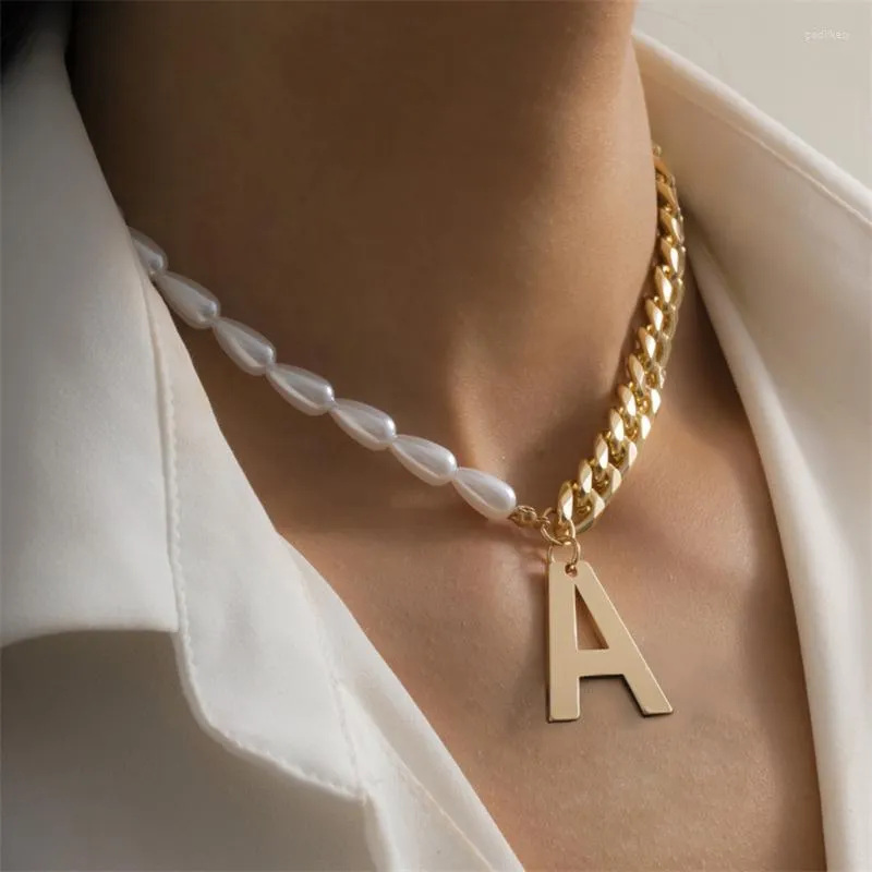 Chokers ailodo punk perłowy list łańcuchowy naszyjnik dla kobiet złoty kolor grube link krótki vintage mody biżuterii