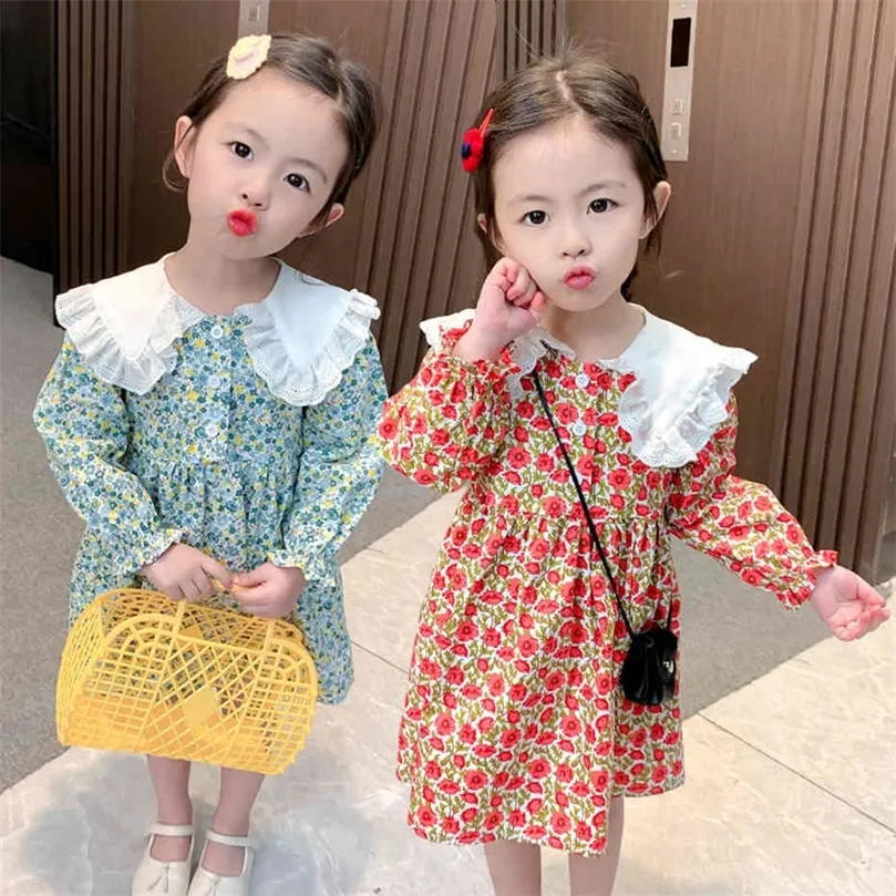 Toddler Girls Dress Floral Party Dress For Girls Lace Neck Children Dress Spring Autumn Girls Costumes Kids 210412