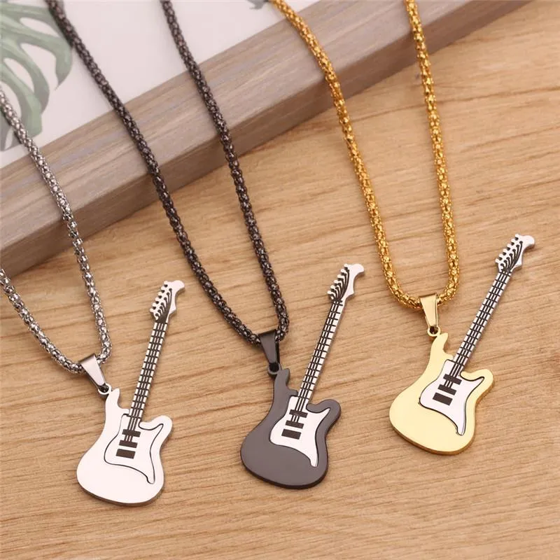 Pendant Necklaces Stainless Steel Guitar Necklace For Men Women Music Lover Gift Black Gold Silver Color Hip Hop Rock JewelryPendant