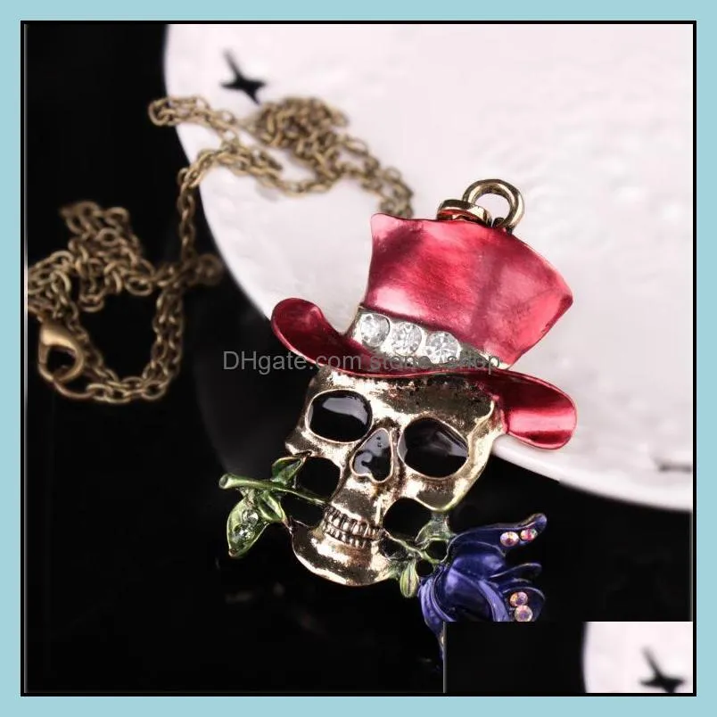 gothic antique necklace everyday jewelry rose flower skull necklace enamel pendant crystals necklaces