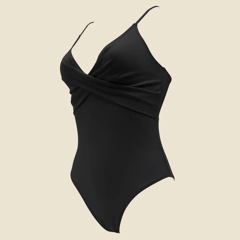 Women's Swimwear Mooslover Black Tropical Cross Wrap One Piece Swimsuit