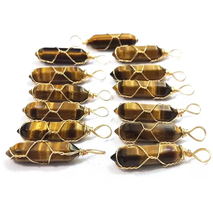 gold wire wrap natural stone charms tiger eye pillar bullet shape point chakra pendants for jewelry making handmade craft sports2010