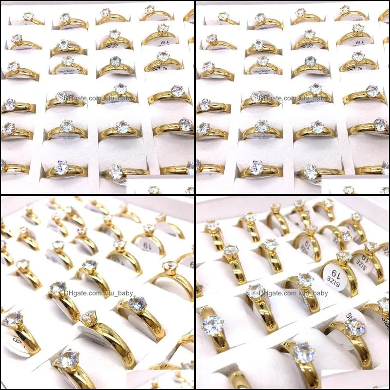 36pcs women`s rings gold plated zircon stone 4mm wide fashion stainless steel jewelry wedding band simple style