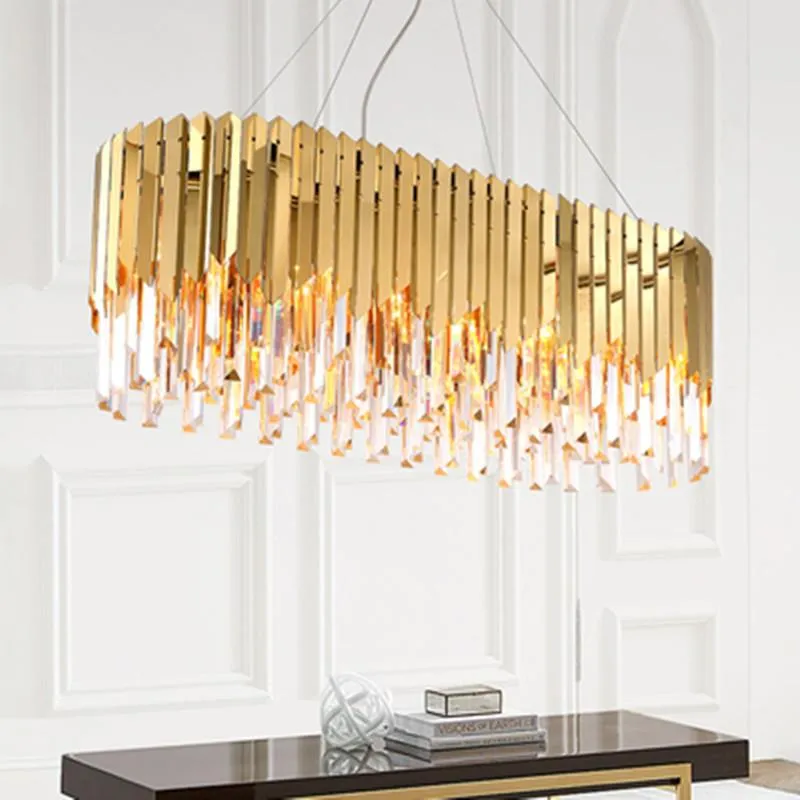 Hangende lampen luxe moderne kristallen lichten voor eetkamer rechthoek gouden home lamp keuken eiland led lichtspender