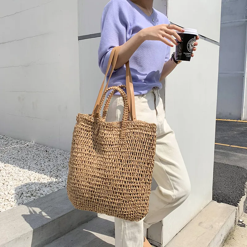 Straw Woven Tote Bag for Women Large Capacity Summer Beach Handbag Casual Shoulder Bag 2024