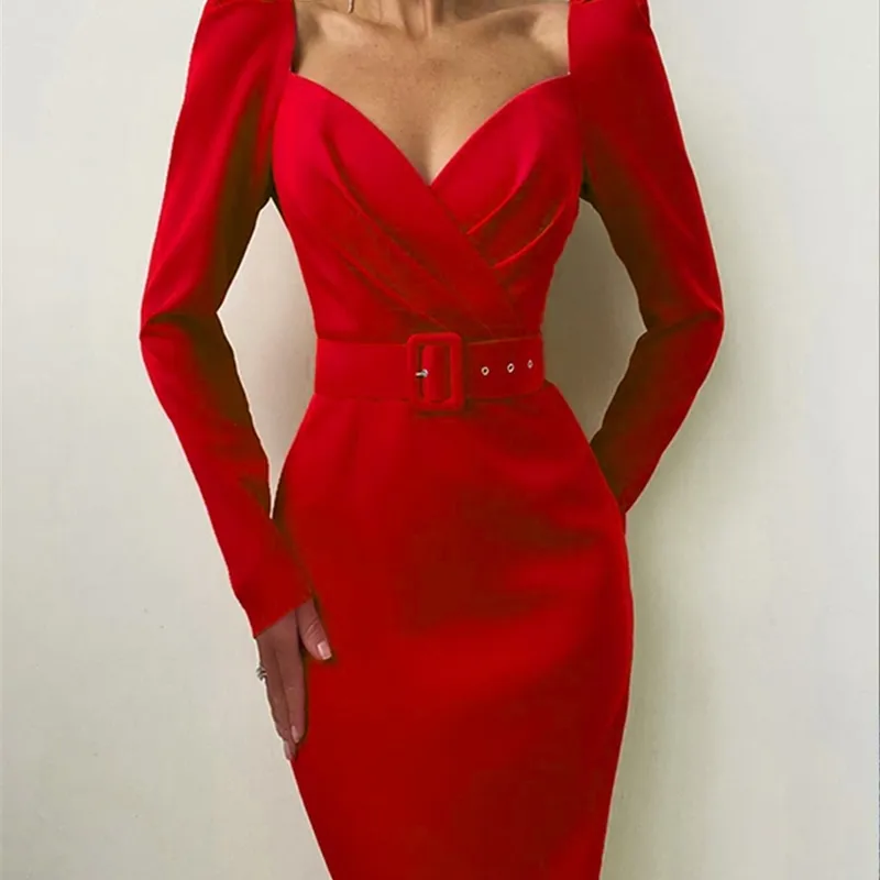 Insta Elegant Party Women Dress Slim V Neck Long Sleeve Mid Calf Pencil Casual Office Lady Lady Red Puff W220421