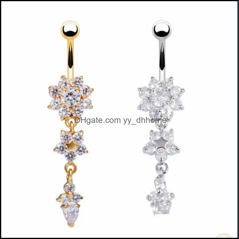 Sexy Dangle Belly Bars Belly Button Rings, Auniquestyle Belly Piercing CZ Crystal Flower Body Jewelry Navel Piercing Rings 265 Q2