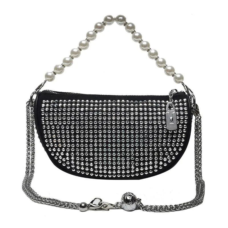 Evening Bags Retro Bright Diamond Shoulder Armpit Bag Purses Fashion Pearl Chain Women's Clutch Summer Mini Crossbody Luxury HandbagEven