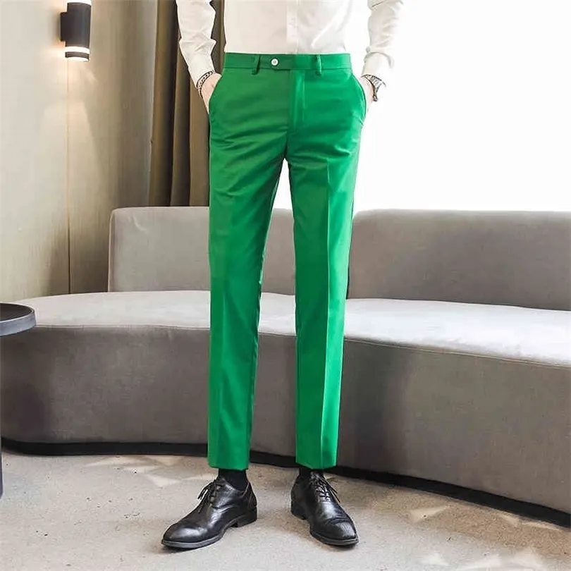 Korean Fashion Mens Suit Pants Business Occupation Slim Fit Dress Office Trousers Straight Black White Full Length Pants 210412