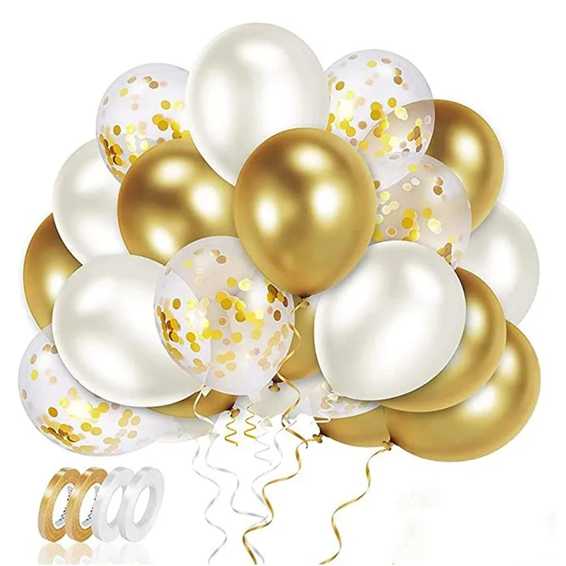 ゴールドメタリッククロムラテックスバルーンセットリボン紙吹雪球体結婚式の卒業記念日誕生日パーティー用品MJ0749