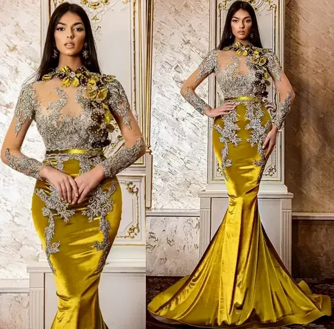 NOWY!!! Plus Size Arabski ASO EBI Luksusowy Mermaid Gold Prom Dresses Koronki Kryształy Kryształy Wieczór Formalna Party Druga Recepcja Urodziny Suknie Zaręczynowe Dress Pro232