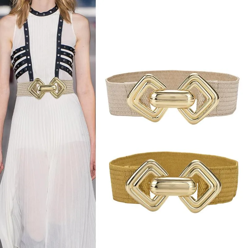Bälten för kvinnor Designer's Woven Bohemian Holiday Style Square Metal Buckle Straw Elastic Wide Belt Decorative Dress Beltts