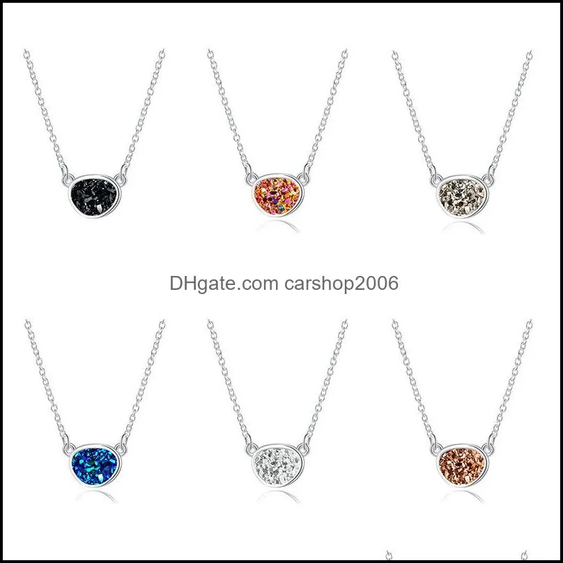 6colors Resin Druzy Drusy Necklace Silver Plated Irregular Oval Geometry Necklaces For Women Jewelry
