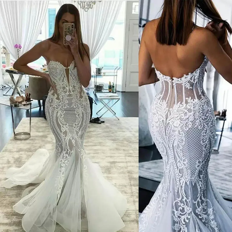 New Arrival Sexy See Through Appliques Beading Lace Sweetheart Mermaid Wedding Dresses Illusion Bodice Bridal Wedding Gown