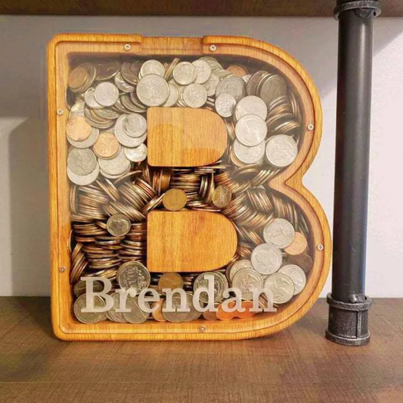 Bandanas Lettera di legno inglese Piggy Bank Finestra trasparente Decorazione per la casa creativa Ornamenti per la casa di stoccaggio di denaro boxbandanas