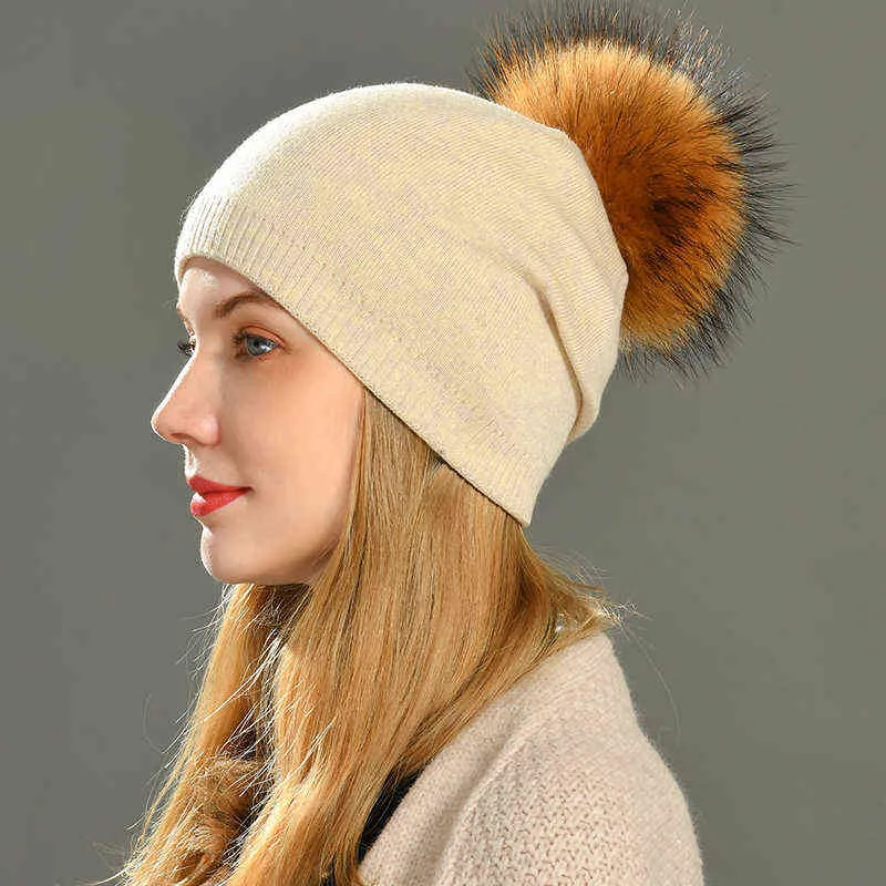 Women Hats Raccoon Fur Poms Wool Hat Female Knitted 2019 Fashion Ladies Multicolor Fur Pompon Cap Winter Hats For Women J220722