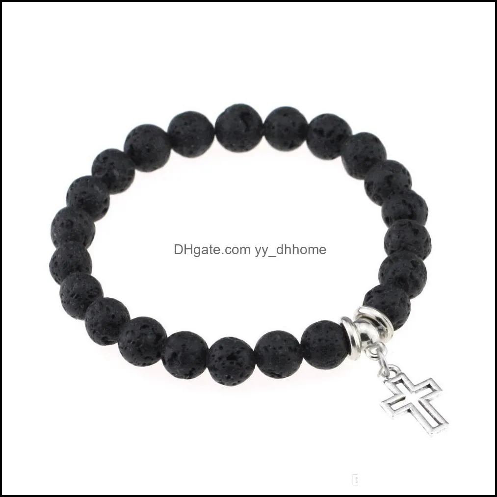 Fashion Black Lava Natural Stone Bracelets Cross Life Of Tree Heart Charm  Oil Diffuser Bracelet for Men Women Jewelry