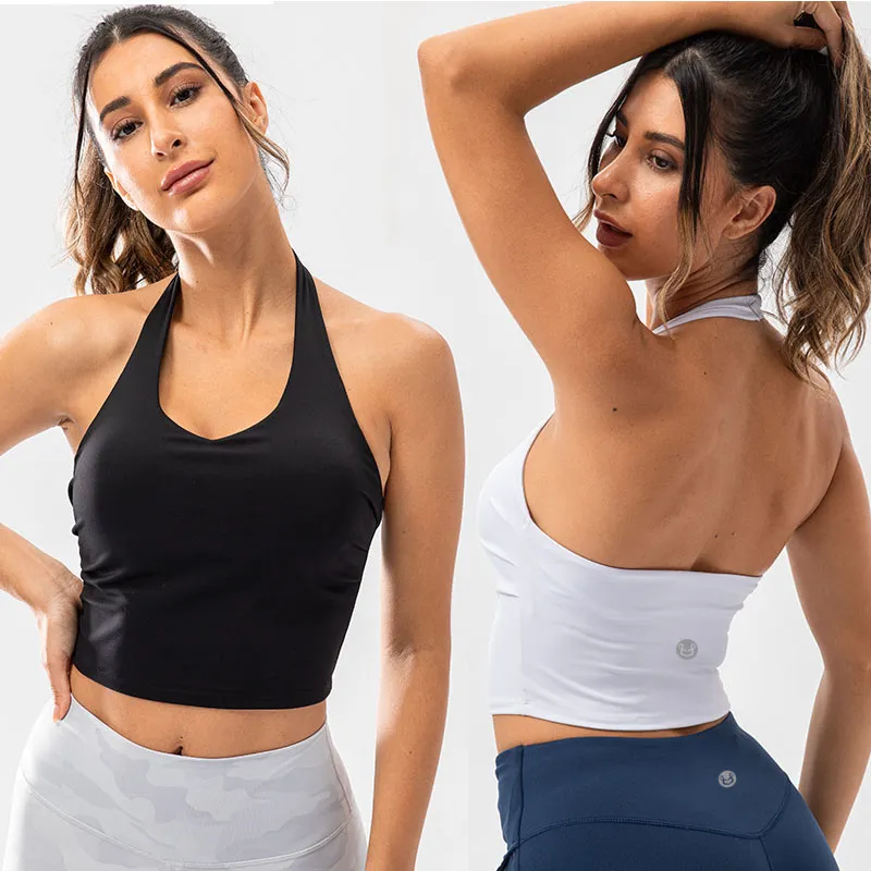 Bra de ioga para roupas de ioga feminina Halter pesco￧o esportivo de roupas ￭ntimas com pastilhas de peito