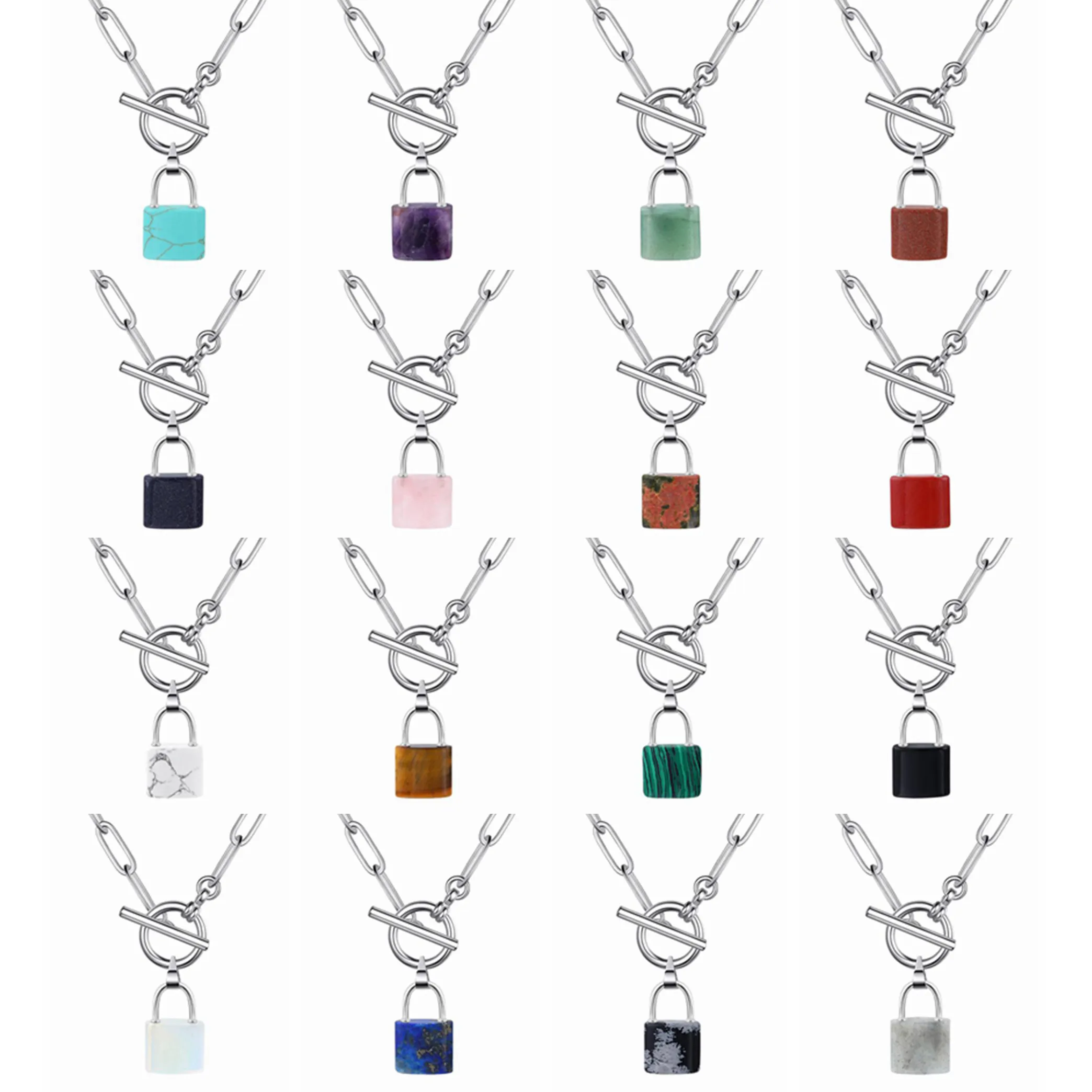 QIMOSHI Chunky Punk Silver Chain Y Choker Cuban Link Statement Jewelry for Women and Girls Gemstone Lock Pendant Necklace IQ Clasp