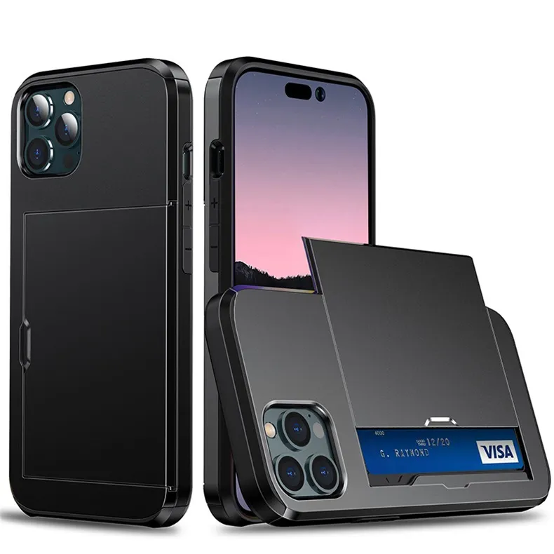 2-in-1 glijdende creditcard Anti-fall Telefoonkasen voor iPhone 14 Pro Max 13 12 11 XR XS 6 7 8 Plus iPhone14 Slotkaarten voor achteromslagkaarten