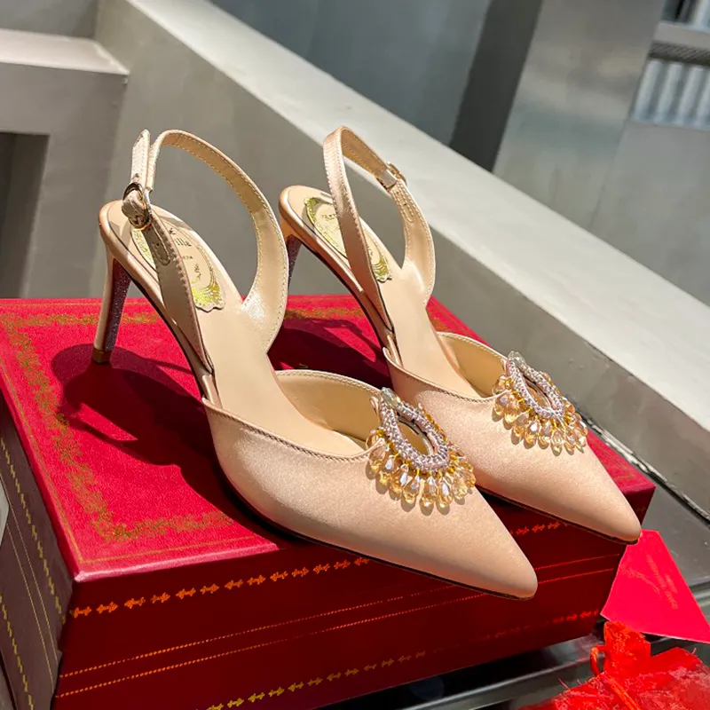 Rene Caovilla Kleid Top-Qualität Schuhe Schuhe Stiletto Ferse Satin Sandalen Wassertropfen Herzförmige Kristall Diamant Dekoration Slingbacks Designer Yeon