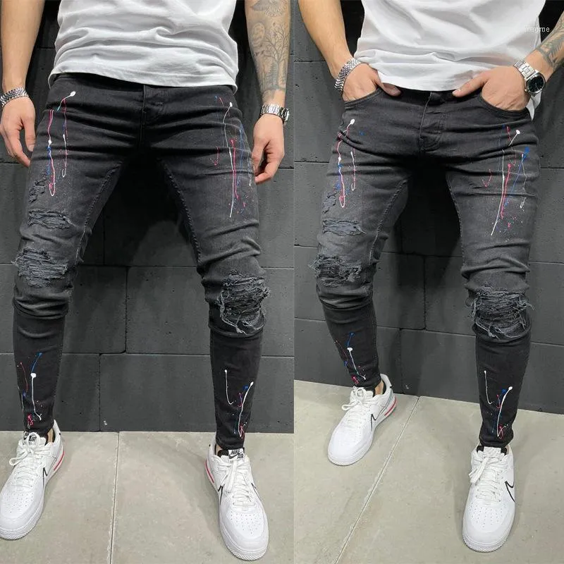Мужские джинсы Длинные брюки с карандашом растянутые рваные стройные отверстия печать мужская краска для краски с узкая мужская брюки хип-хоп одежда