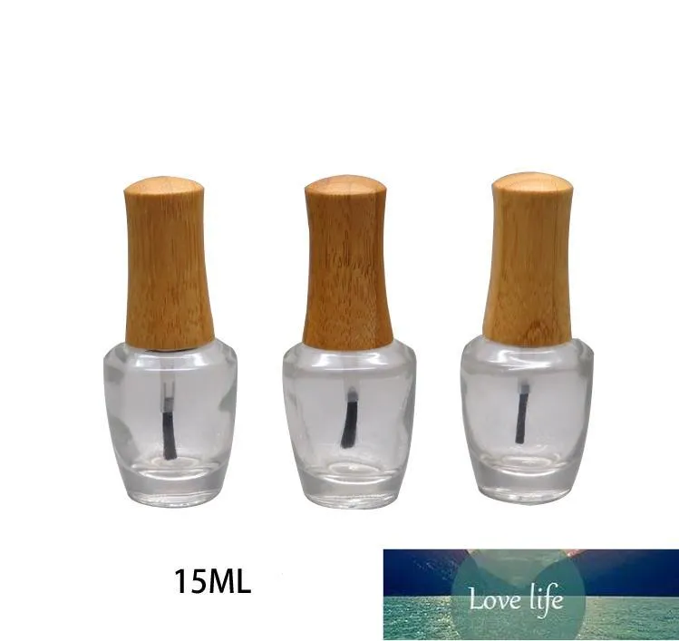 15ml tom klar glas nagellackflaska med bambu cap DIY kosmetisk flytande nagelkonstbehållare med borstmakeupverktyg sn1202