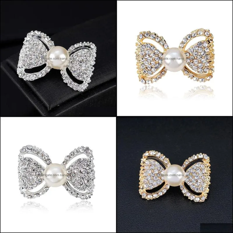 Rhinestone Bow Brooch Gold Silver Color Simulated Pearl Brooches Pins for Wedding