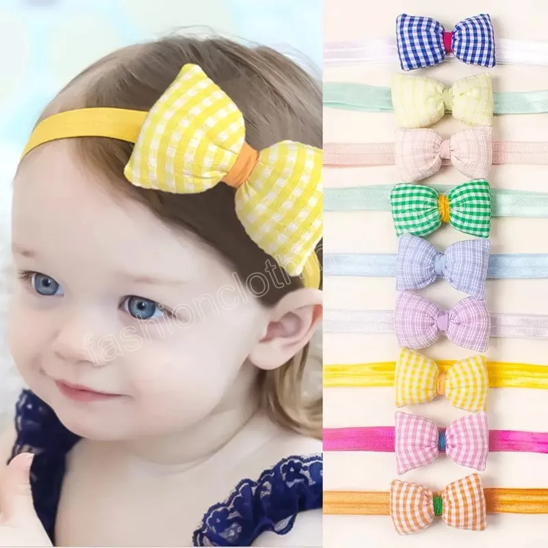 Summer Cute Baby Girl Headband Plaid Bowknot Children Elastic Hairband Bandanas Head Band Candy Color Princess Hair Accessory